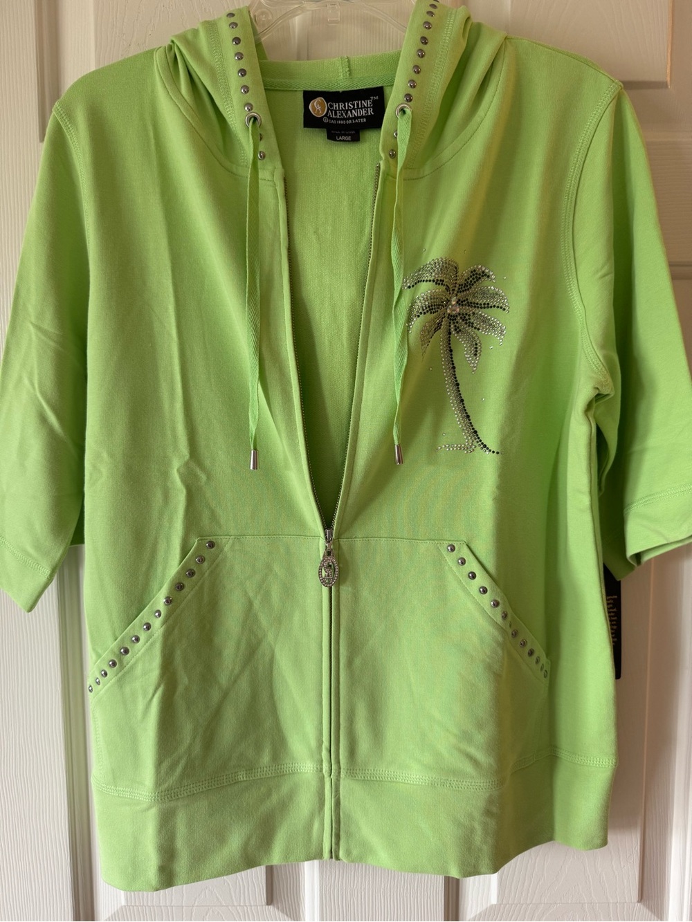 NWT-Christine Alexander Lime Green Zip Hoodie with Stud Accents-Size Large - Picture 9 of 10